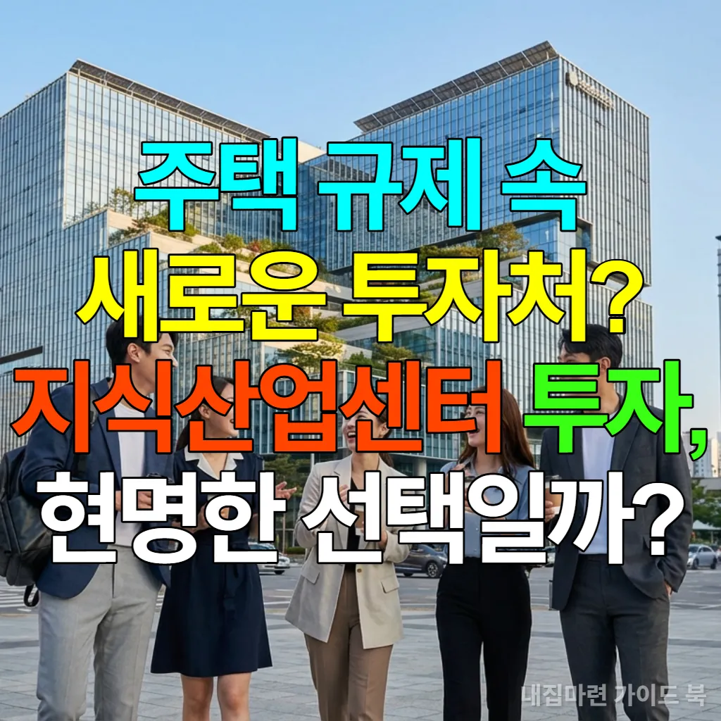 한국 도심의 현대적인 지식산업센터 건물 앞에서 활발하게 대화하는 한국인 직장인들의 모습