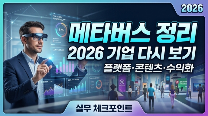 '메타버스 정리' 및 '2026 기업 다시 보기' 텍스트가 적힌 썸네일 이미지. XR 글래스를 착용한 남성이 데이터 차트가 표시된 투명 스크린을 조작하고 있으며, 오른쪽 배경에는 가상 공간 속 아바타들과 브랜드 체험 공간이 보입니다. 전체적으로 세련된 기술 및 비즈니스 분석 분위기의 일러스트레이션입니다.
