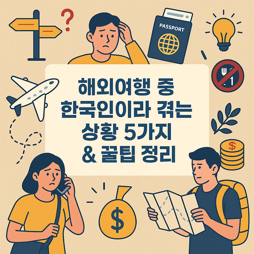 해외여행 준비를 위한 다양한 아이콘과 체크리스트가 어우러진 일러스트 썸네일 이미지