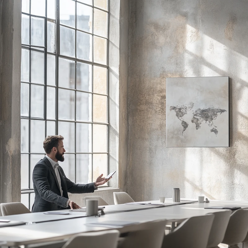 글로벌 및 국내 ETF 옵션에 대해 논의하는 포트폴리오 매니저, 전략적 기획과 지혜를 발산하는 밝은 회의실 이미지