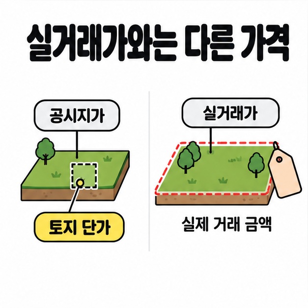 공시지가의 토지 단가와 실거래가의 실제 거래 금액을 나란히 비교한 그림