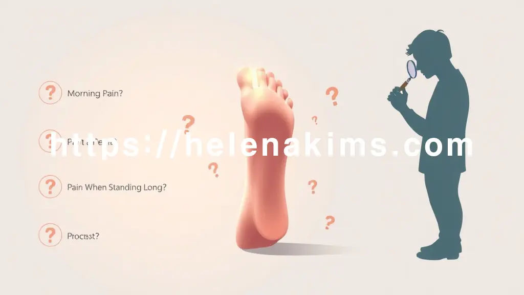 차분하고 깨끗한 배경 중앙에 발바닥이 보이고, 발바닥 주변으로 '아침 통증?', '오래 서면 아픔?' 등의 자가진단 질문 아이콘과 물음표가 있는 이미지.