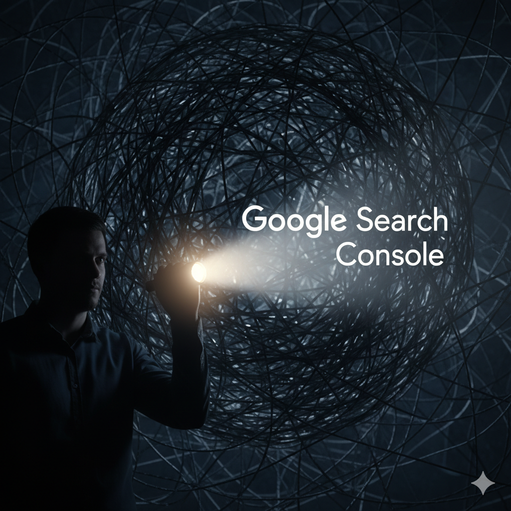 어둡고 복잡한 배경 속, 손전등으로 '구글 서치 콘솔' 글자를 비추는 상징적인 이미지