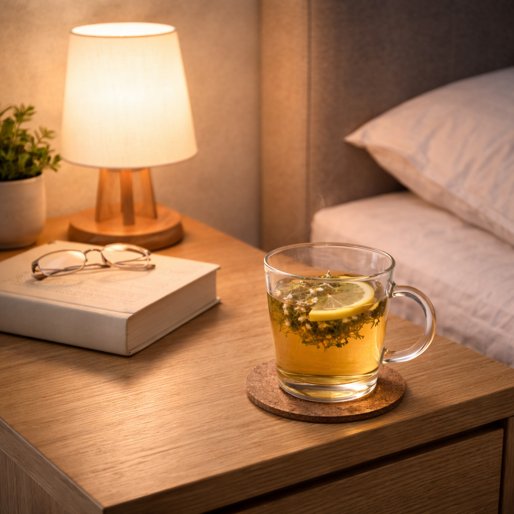 불면증 완화를 위한 취침 전 루틴(조명 낮추기, 독서)을 상징한 이미지