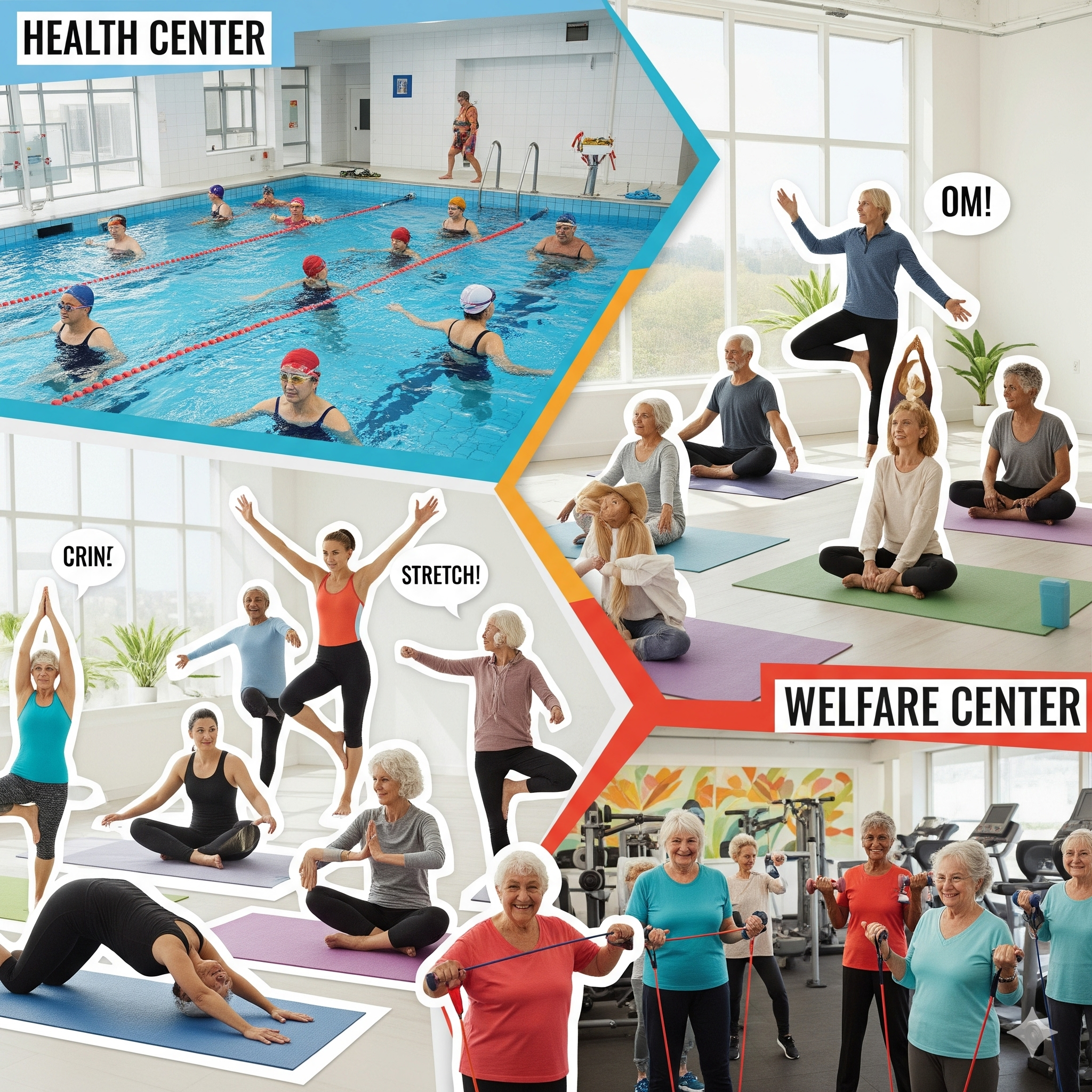 시니어들이 다양한 건강 프로그램에 참여하는 활기찬 모습