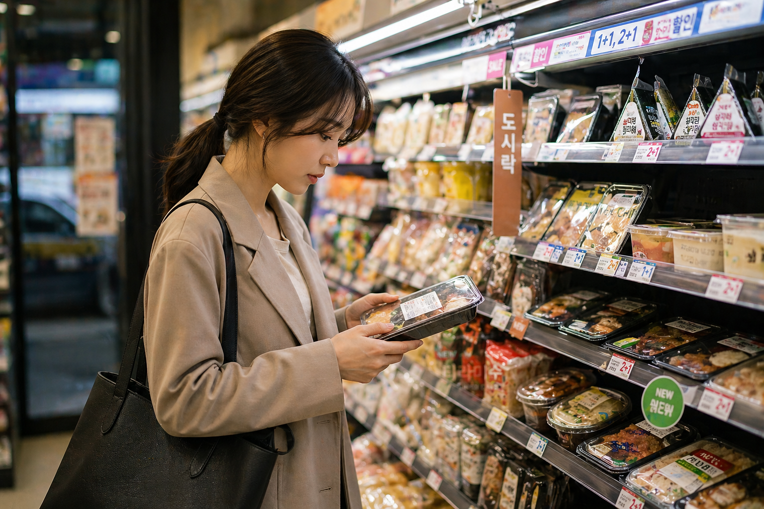 퇴근 후 편의점에서 도시락과 간편식을 고르는 직장인 여성 모습
