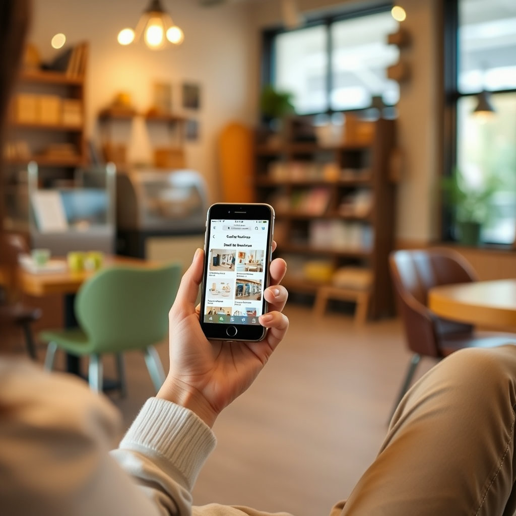 손안의 스마트폰 화면에 여러 소상공인 상점들이 배열되어 있는 모습입니다. 따뜻한 조명 아래 카페나 공방 같은 공간을 배경으로, 누군가 편안하게 앱을 탐색하는 장면을 그립니다.