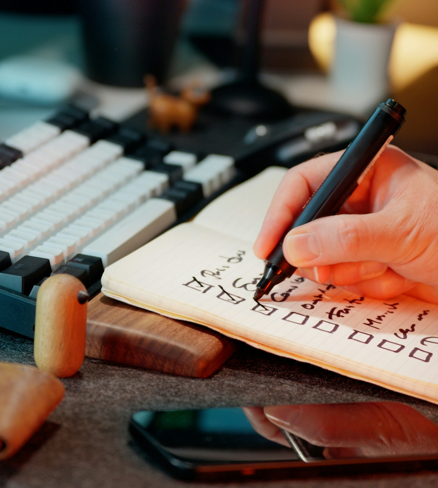 노트에 체크리스트를 작성하며 토익 공부 계획을 정리하는 손과 책상 위 키보드
