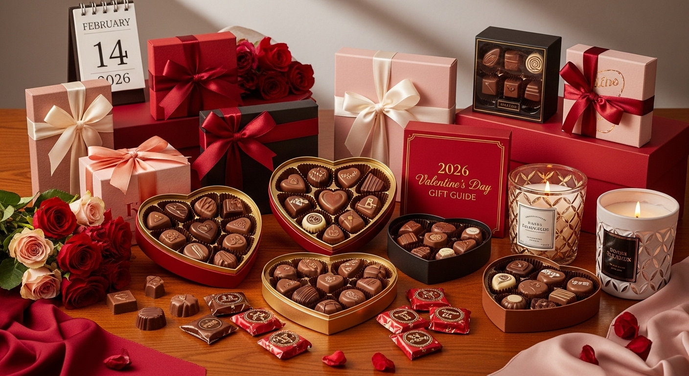 2026년 발렌타인데이를 위한 프리미엄 초콜릿과 세련된 선물 꾸러미가 놓인 로맨틱한 분위기