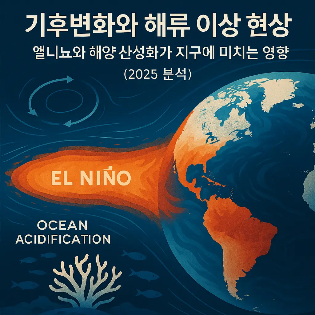 지구 기후변화와 해류 이상 현상 인포그래픽 – 엘니뇨와 해양 산성화의 영향