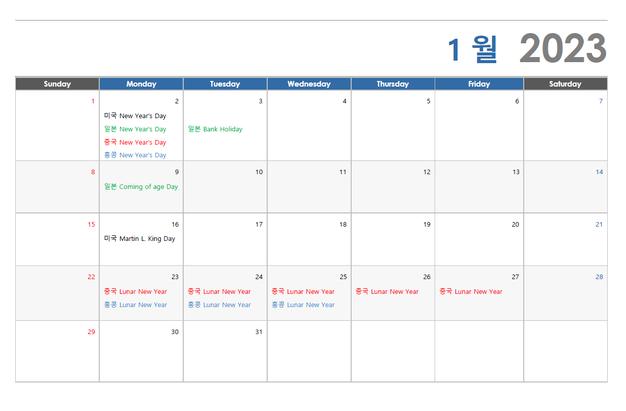 2023년 1월 해외증시 휴장 일정