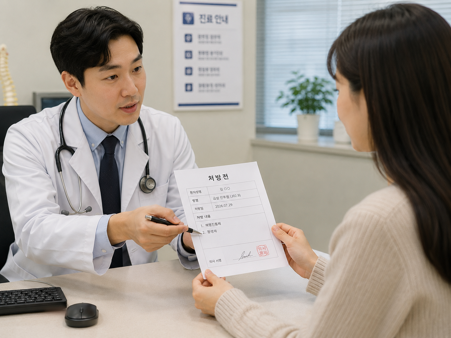 진료실에서 의사에게 처방전을 받는 장면