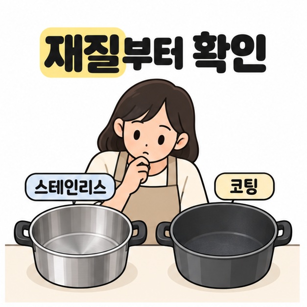 재질부터 확인이라는 제목 아래 스테인리스와 코팅으로 표시된 두 냄비의 조리면을 비교하는 모습