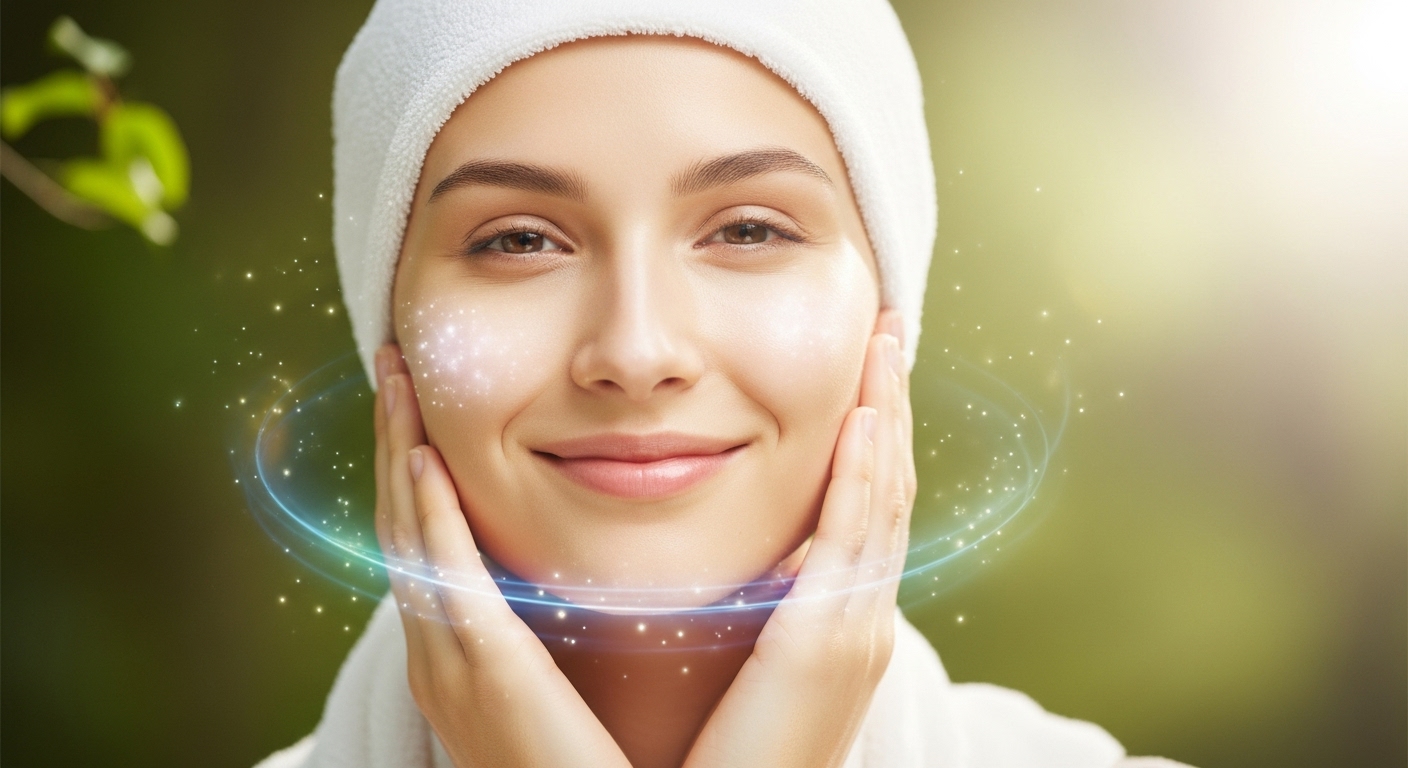 빛나고 건강한 피부를 가진 사람이 미소 짓고 있는 모습. 글루타치온의 피부 미백 및 활력 증진 효능을 상징합니다.