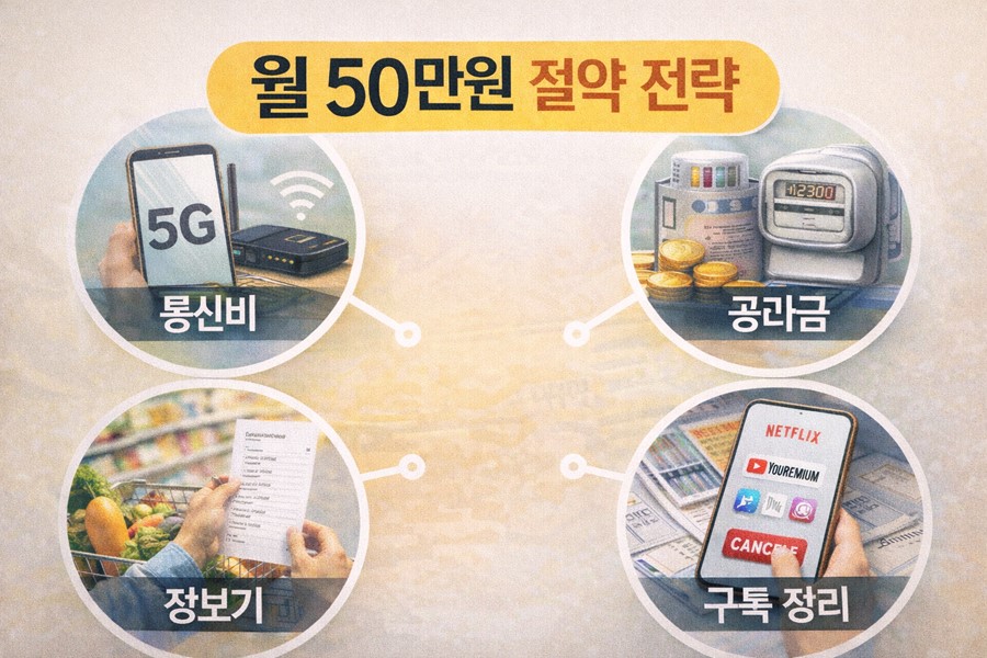 월 50만원 절약을 위해 통신비, 공과금, 장보기 비용, 구독 서비스 정리라는 네 가지 핵심 전략을 한눈에 보여주는 생활비 절약 안내 이미지입니다.
