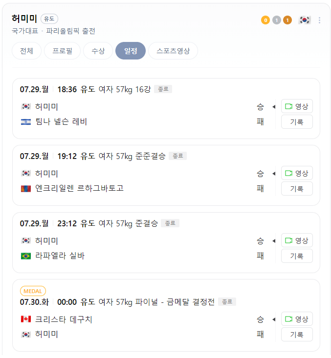 허미미 여자유도 파리올림픽 경기 일정