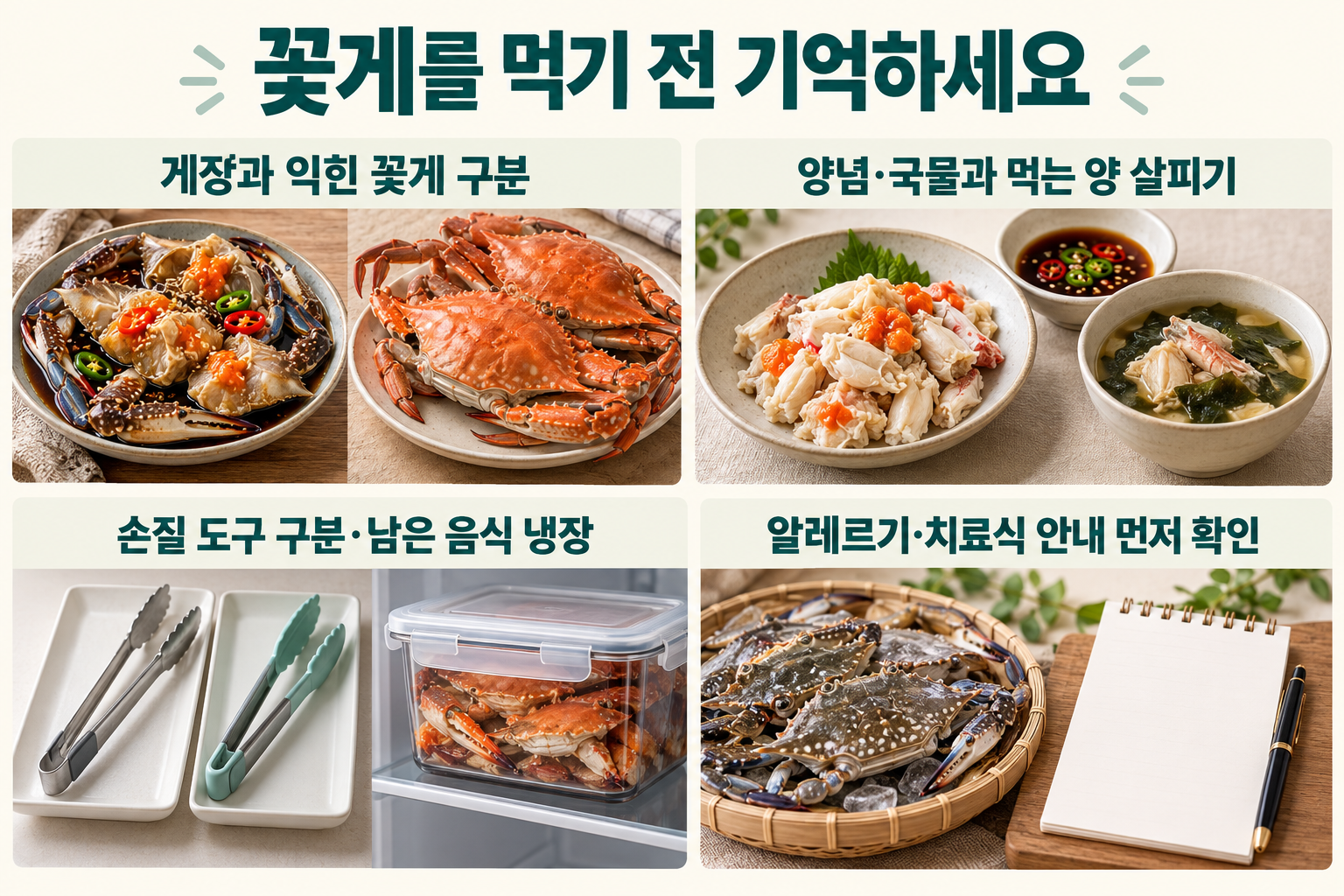 꽃게의 가열 상태&middot;양념과 분량&middot;도구와 냉장 보관&middot;개인 식사 안내를 각각 대응시킨 핵심 정리