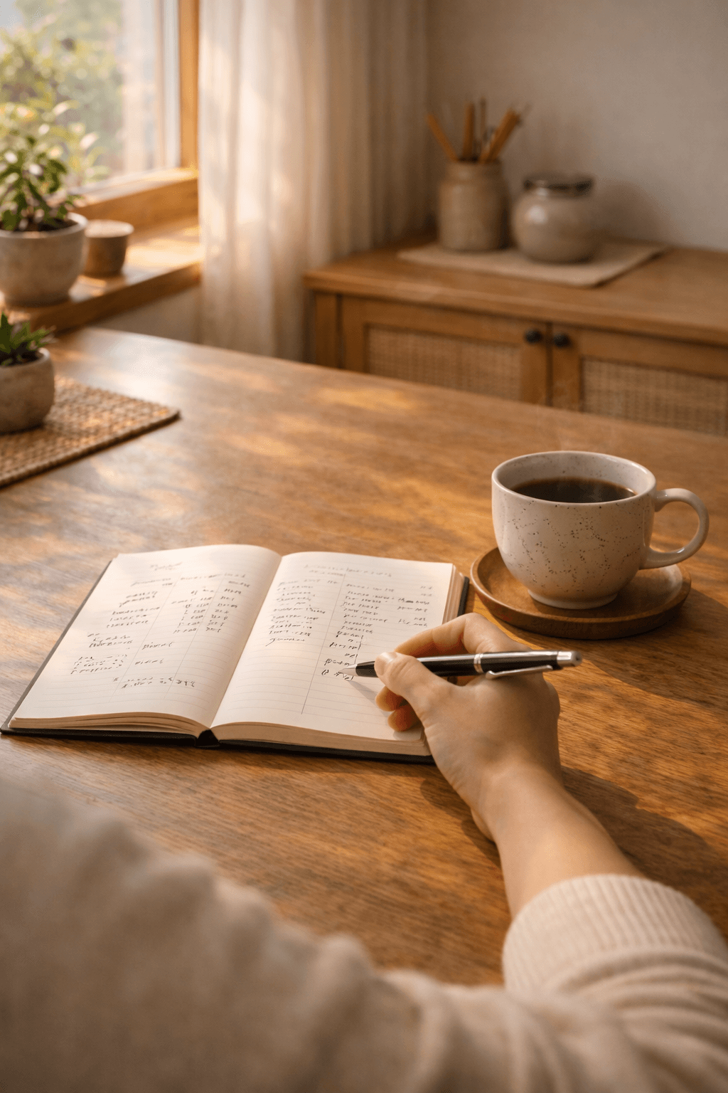하루를 정리하는 기록 가계부를 처음 시작하며 노트에 소비 기록을 정리하는 생활 장면