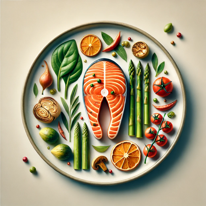 연어 스테이크와 구운 채소가 담긴 접시 이미지.