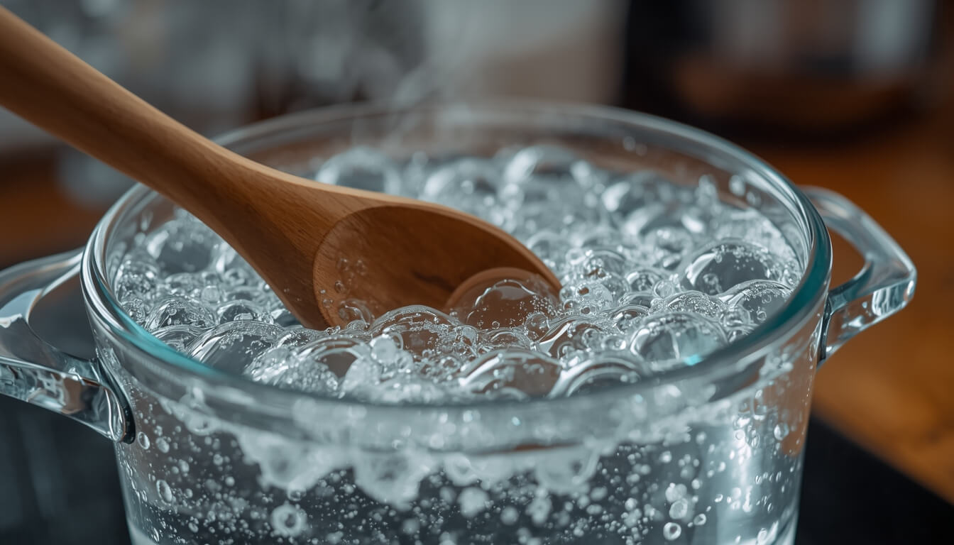 면을 삶기 위해 팔팔 끓고 있는 냄비의 물