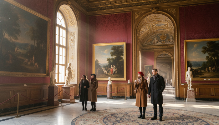 겨울 해외 박물관의 따뜻하고 고요한 실내 풍경. 햇살이 비치는 고전적인 회랑에서 방문객들이 여유롭게 예술 작품을 감상하고 있는 모습.