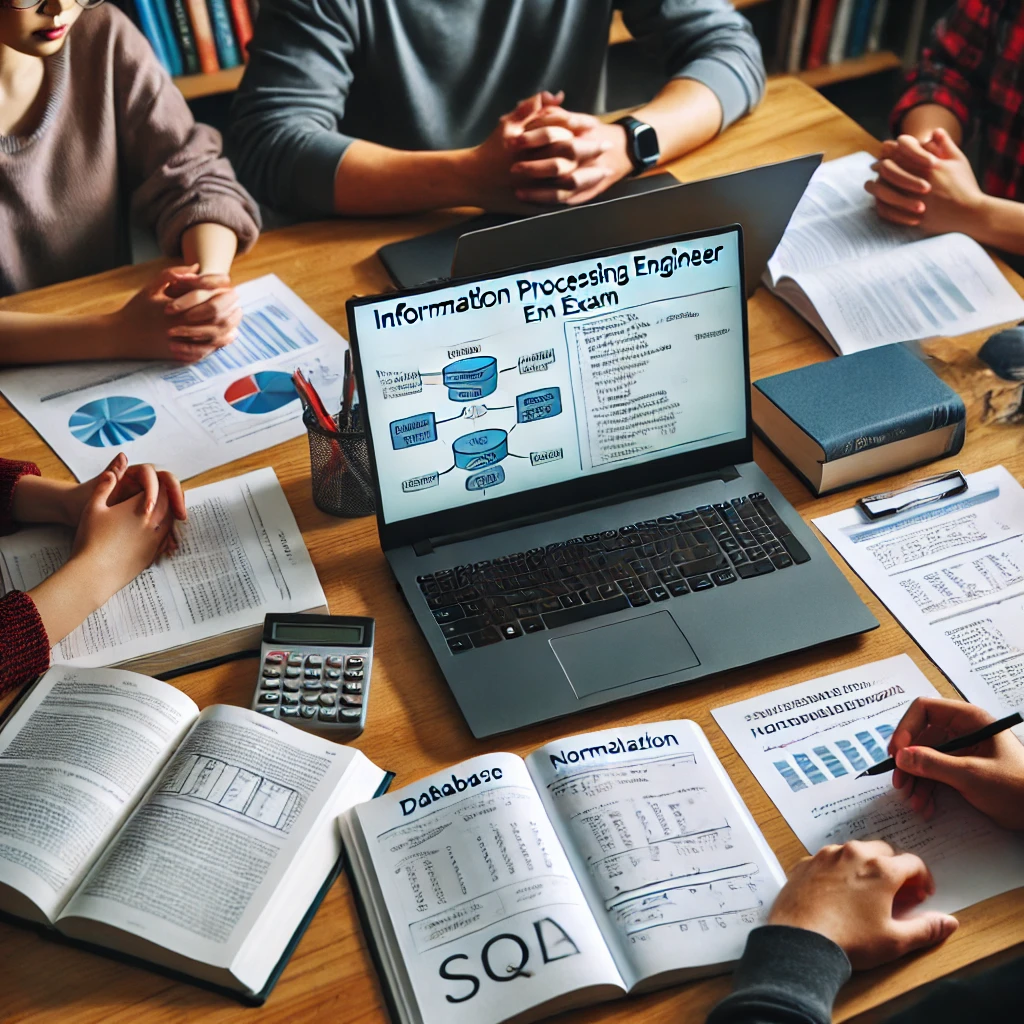 스터디룸에서 학생들이 데이터베이스 정규화와 SQL 문제를 풀며 함께 토론하고 학습하는 모습