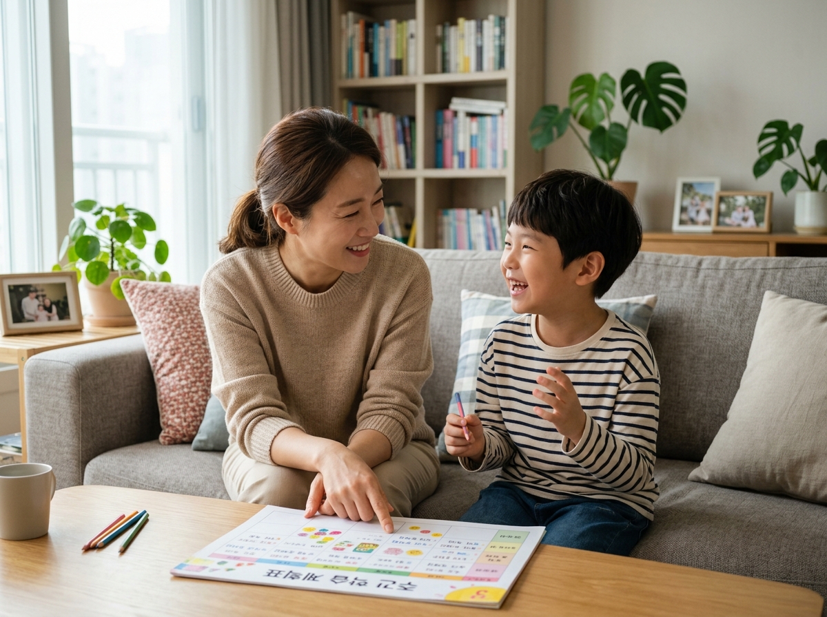 학부모와 자녀가 함께 학습 계획을 논의하는 모습