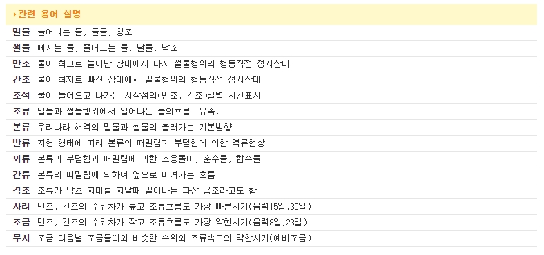 밀물, 썰물, 사리, 조금 등 물때 관련 용어 정리표