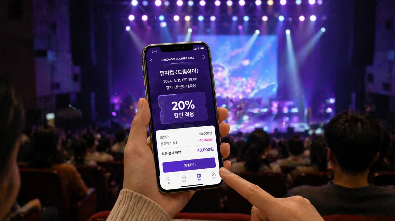 밝은 무대 조명 아래 공연장을 배경으로, 문화패스로 할인된 티켓 예매 화면을 보여주는 스마트폰. 공연 관람 혜택을 의미합니다.