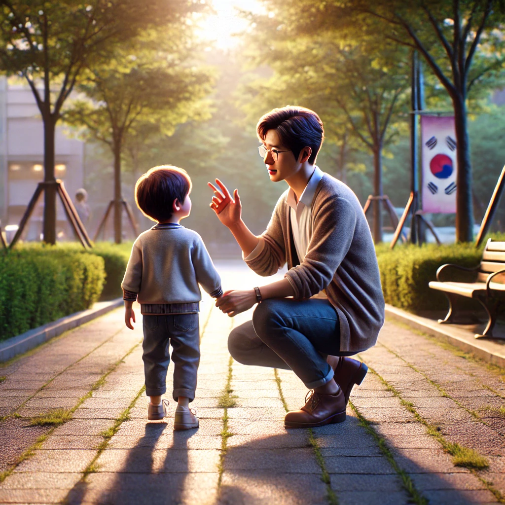 공원에서 자녀의 손을 잡고 걸으며 격려의 말을 건네는 모습. 햇볕이 비치는 따뜻하고 신뢰 가득한 분위기