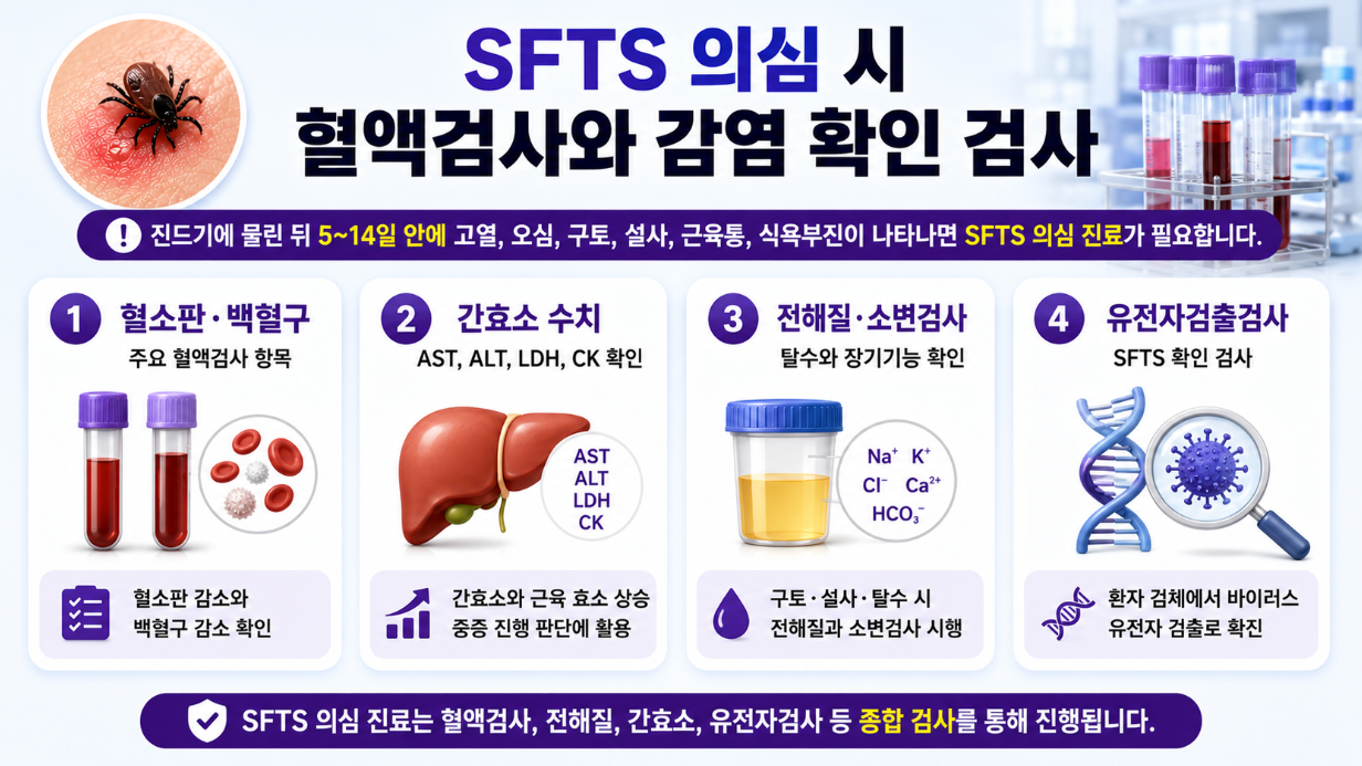 5. SFTS 의심 시 혈소판&middot;백혈구, 간효소, 전해질&middot;소변검사, 유전자검출검사를 정리한 의료 인포그래픽