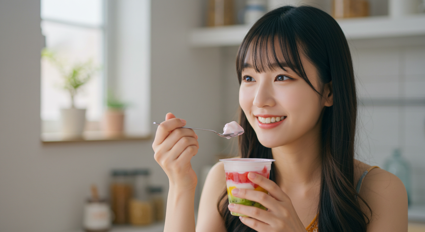 요거트 먹는 여성