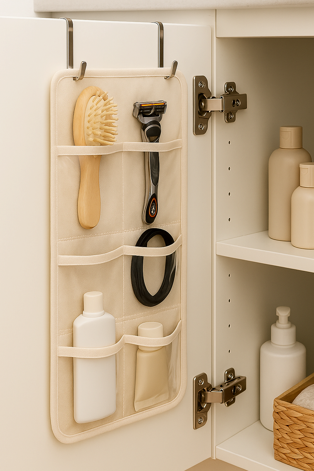 욕실 수납장 문 안쪽 포켓 행거에 빗과 면도기가 정리된 모습