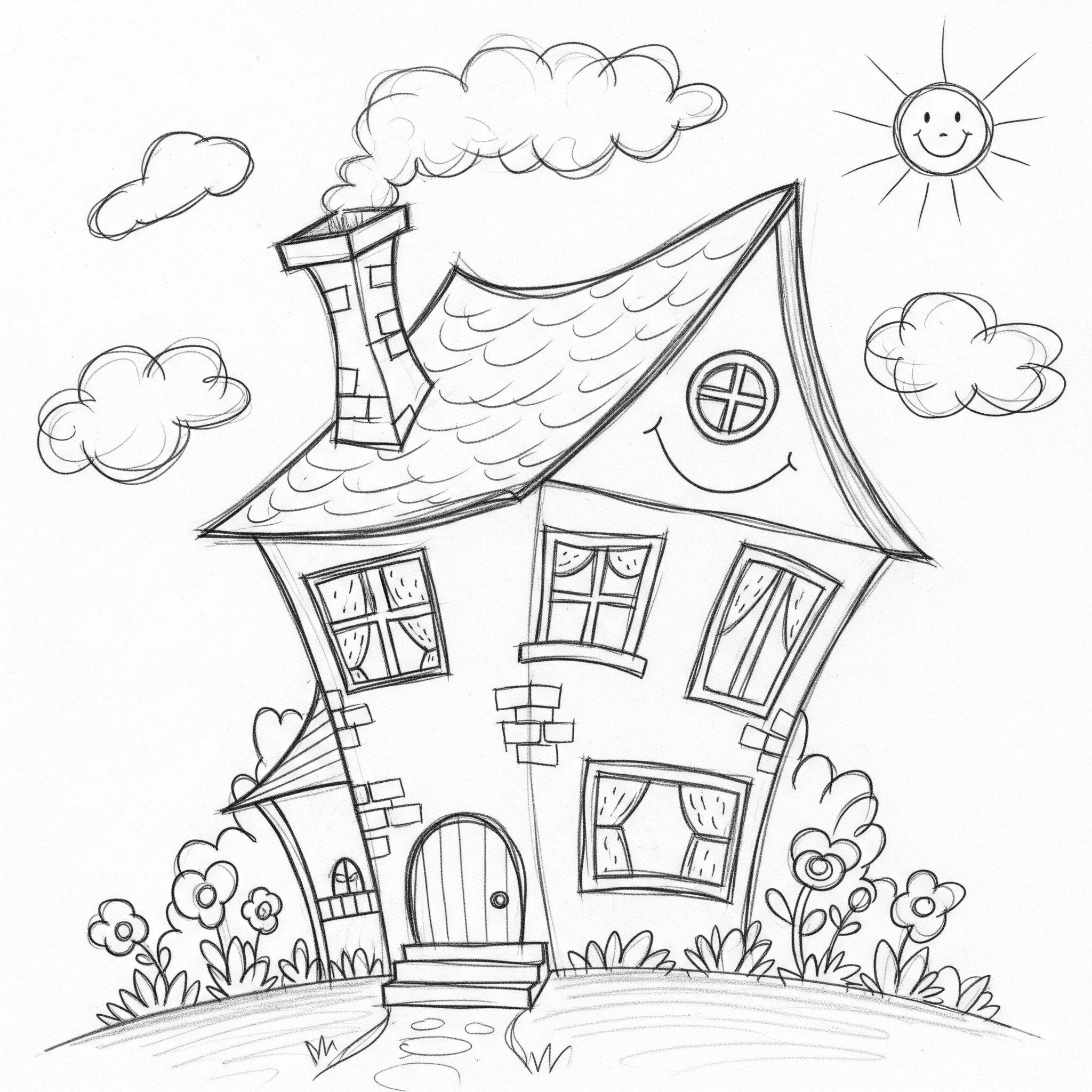 구름,해, 굴뚝에 연기가 나는 집 - 집 그림 검사