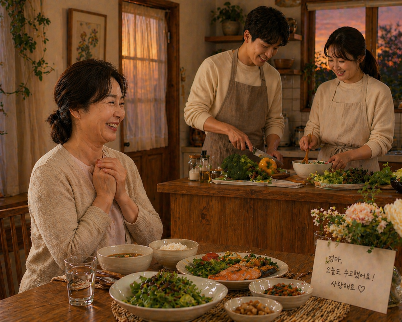 저녁 노을이 비치는 집 주방에서 자녀들이 엄마를 위한 식사를 준비하고 엄마가 식탁에서 행복하게 바라보는 가족 저녁 풍경

캡션