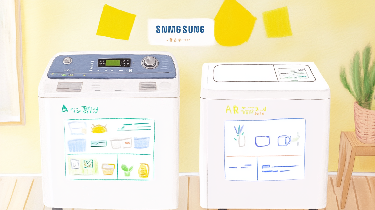 삼성과 A, B사의 세탁기를 비교한 상세 차트. 삼성의 혁신적 기능과 고객 서비스가 강조되어 있습니다.