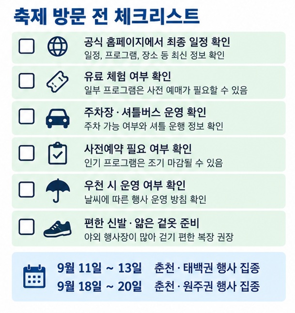 강원도 축제 방문 전 일정 주차 입장료 사전예약 우천 운영 여부를 확인하는 체크리스트 이미지