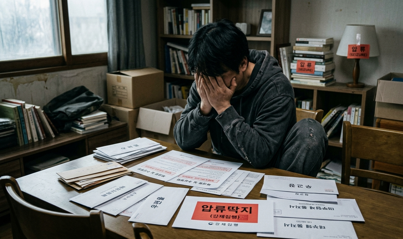 감당할 수 없는 빚과 채무 독촉장으로 인해 절망에 빠져 고개를 숙이고 있는 남자의 모습