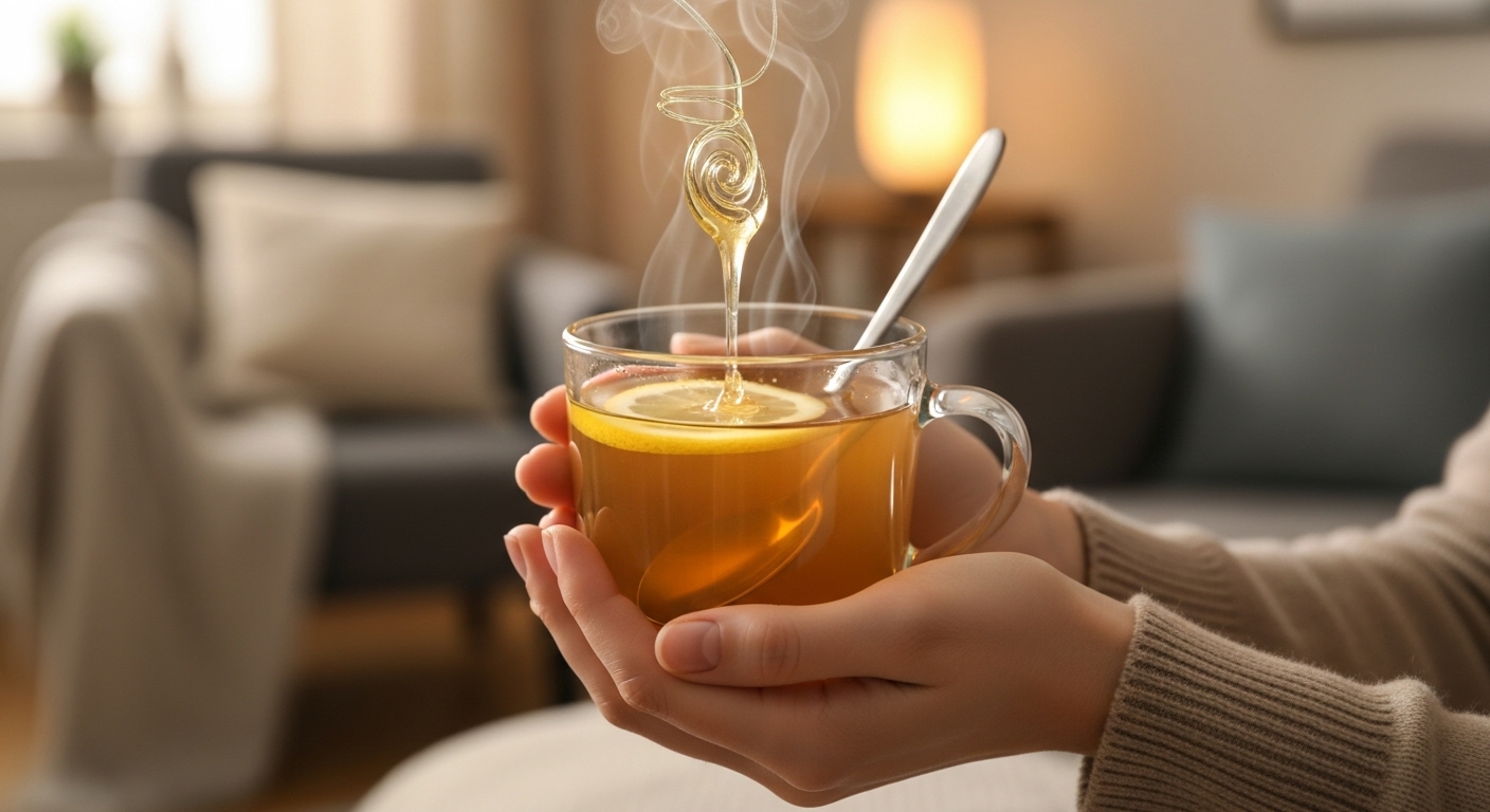 따뜻한 생강차 잔을 두 손으로 감싸 쥐고 레몬과 꿀을 넣어 마시는 모습.