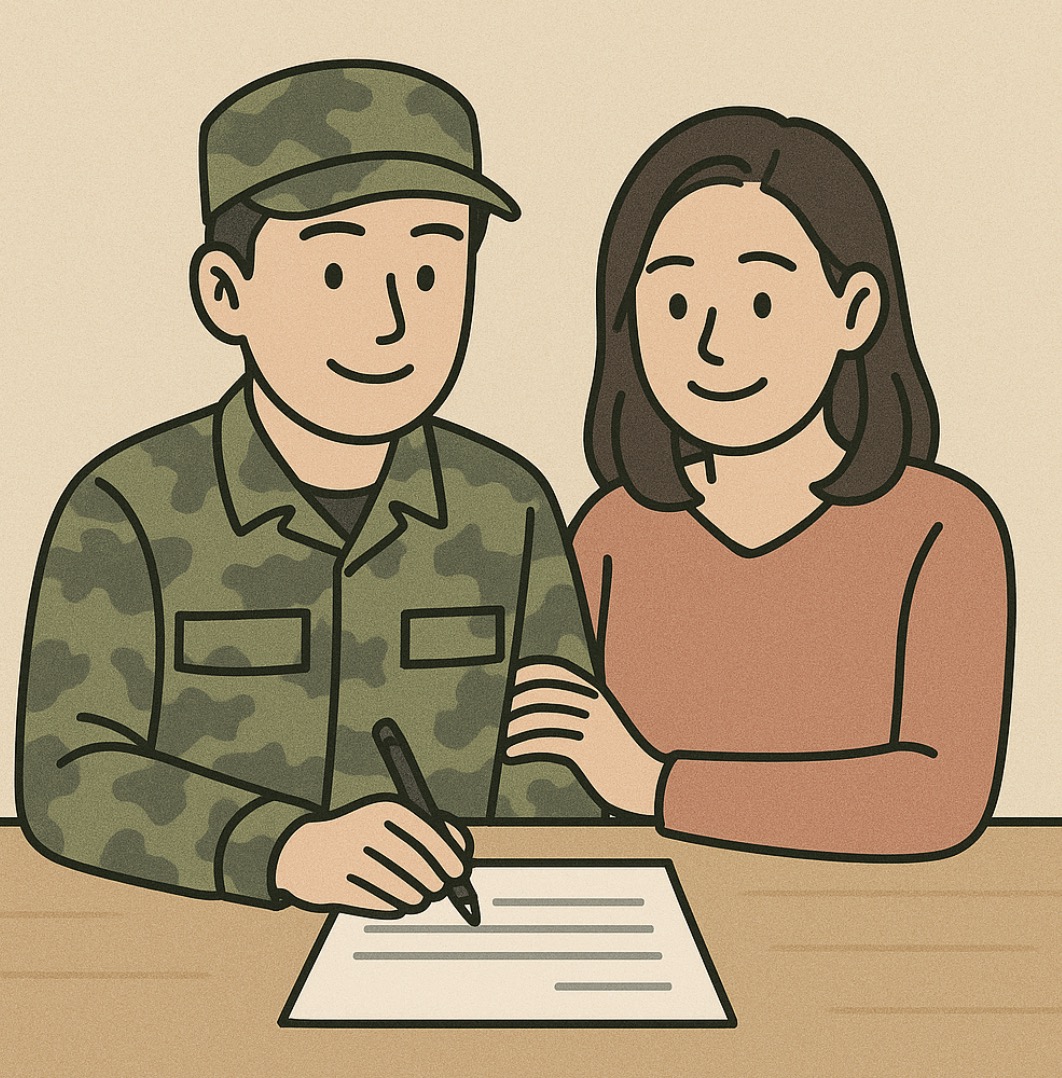 군 복무 중 혼인신고서를 작성중인 부부 모습 사진