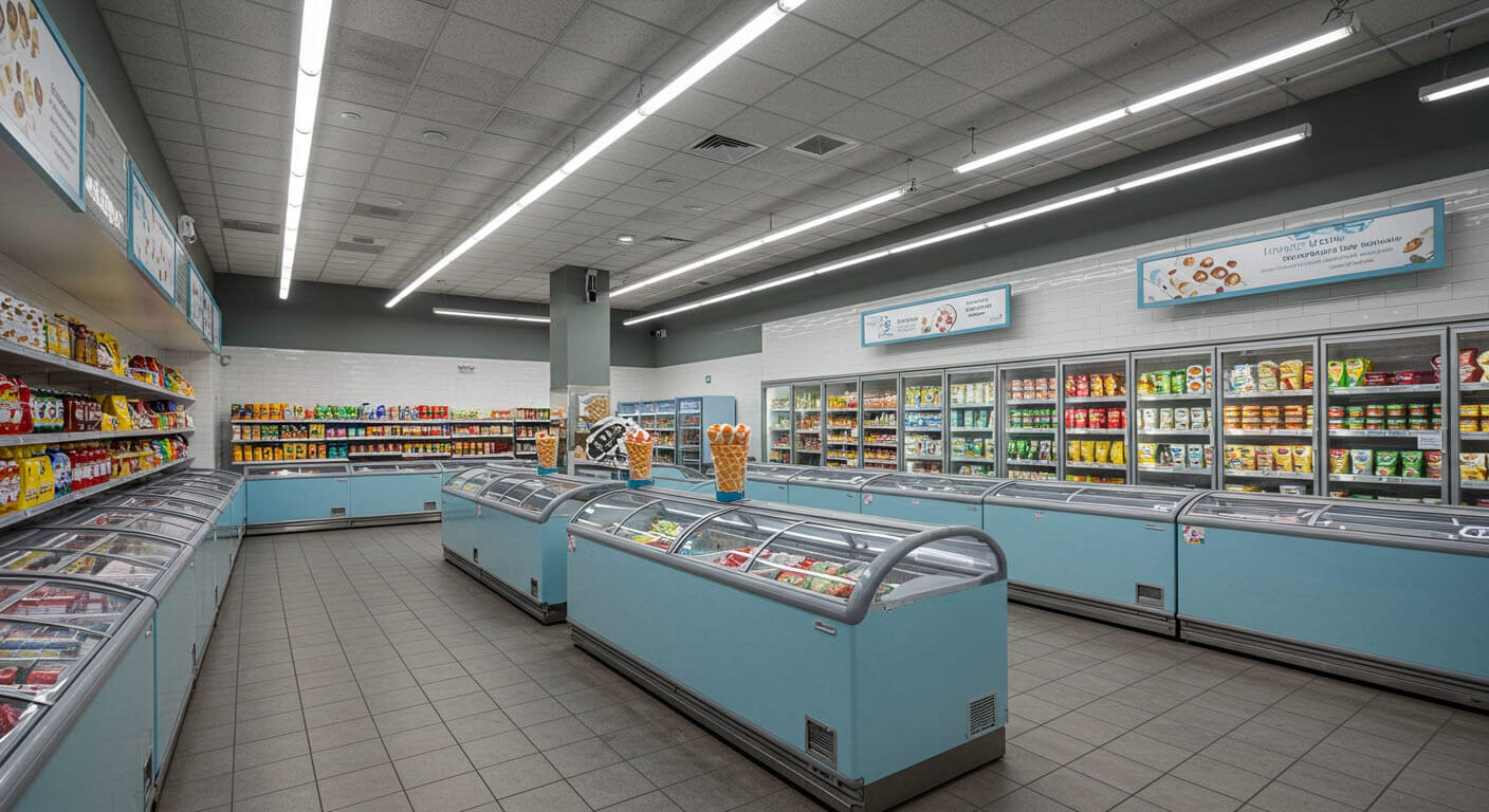 무인아이스크림매장사진 선반에 여러종류의 과장와 아이스크림이 진열되어있다