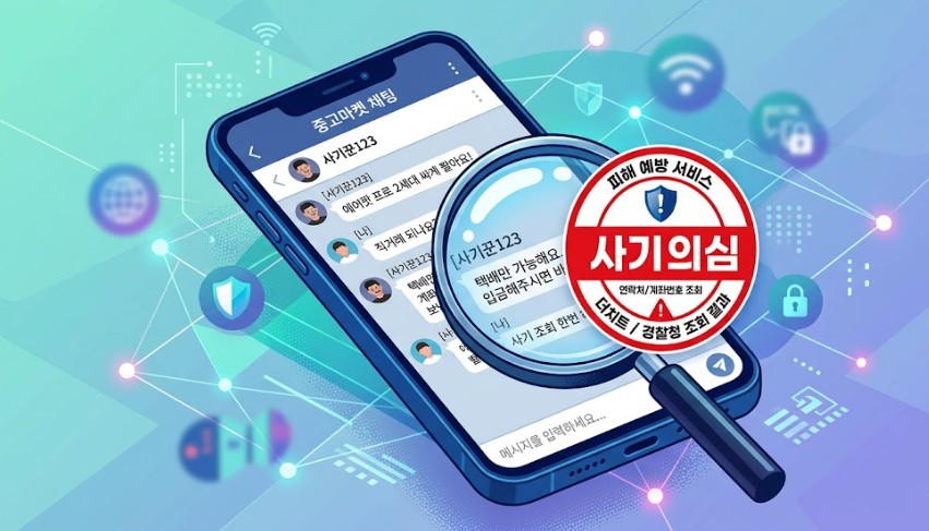 스마트폰의 중고거래 채팅창 위로 돋보기와 사기 조회 마크