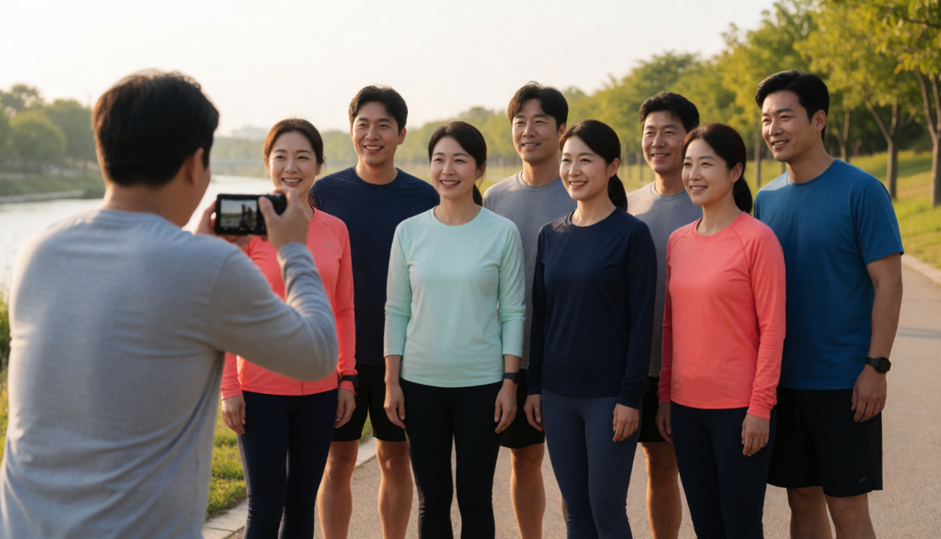 하천 산책로에서 러닝크루 참가자들이 스마트폰 카메라를 향해 서 있는 모습