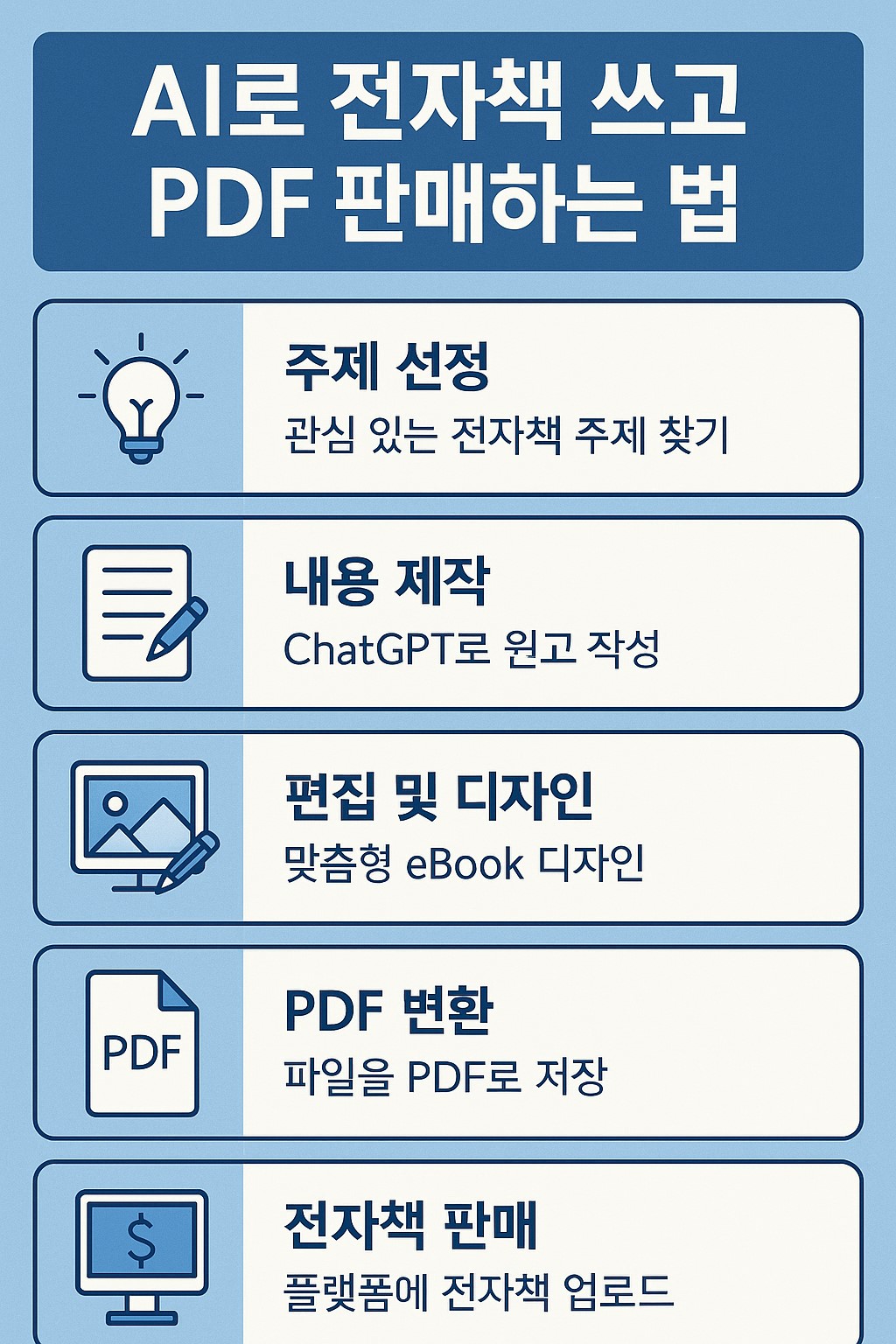 전자책 제작 프로세스: 아이디어 &rarr; AI 원고 작성 &rarr; 편집 &rarr; 디자인 &rarr; PDF 완성