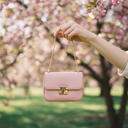 활짝 핀 벚꽃을 배경으로 연한 핑크색 크로스백을 든 여성의 손을 클로즈업한 이미지입니다.