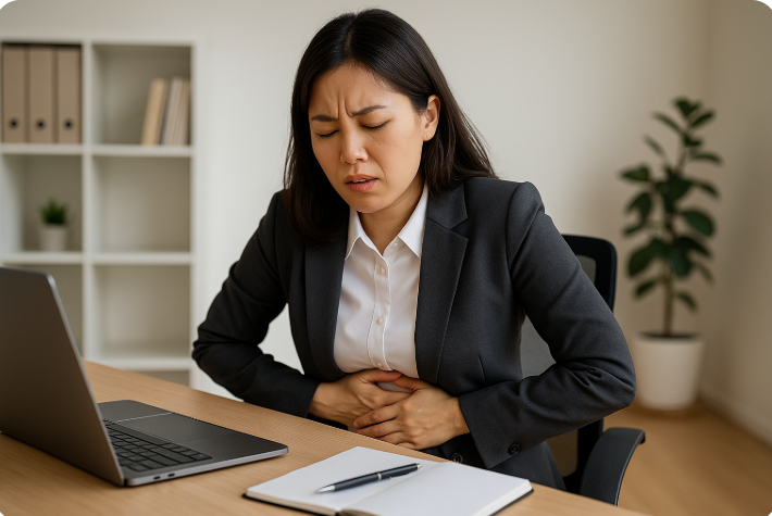 책상 앞에서 복통을 느끼는 직장인 여성