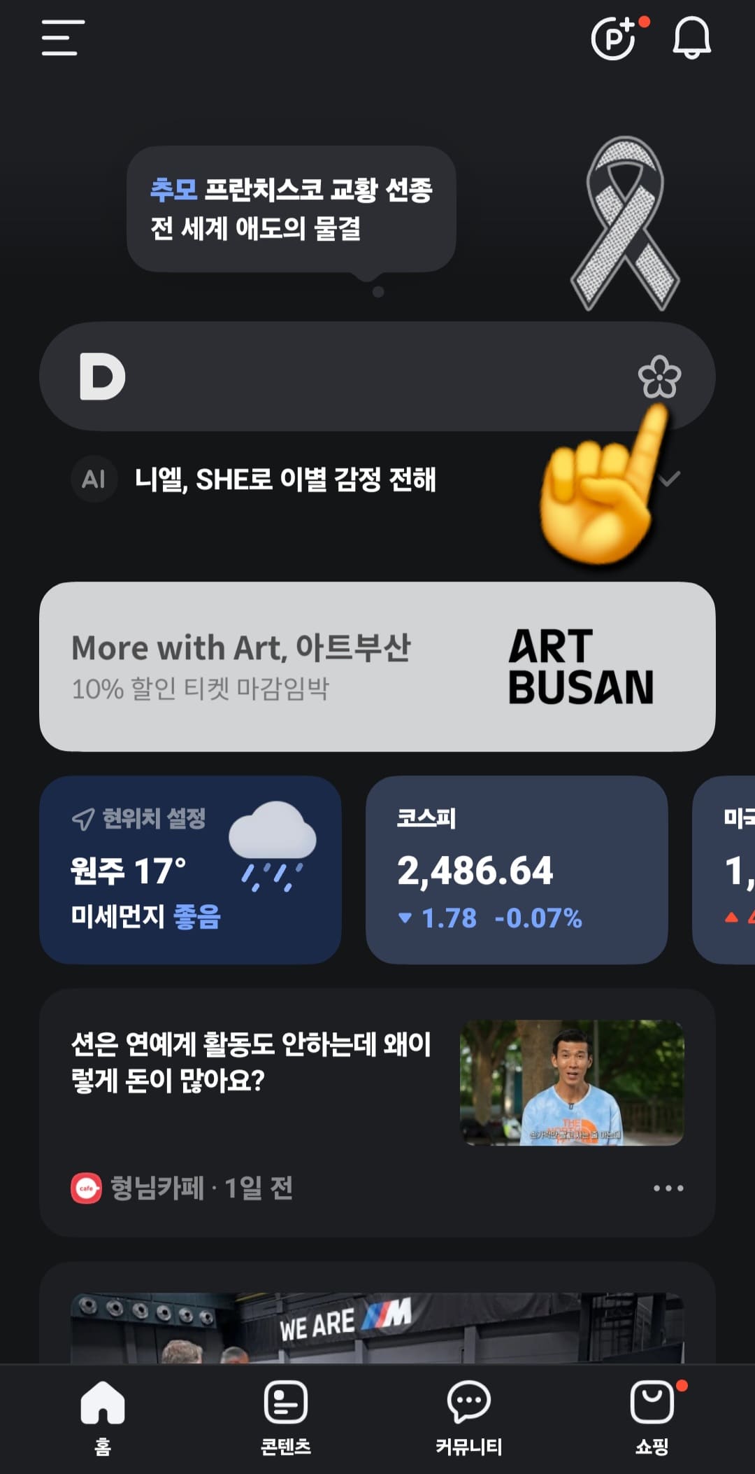 다음(Daum)-꽃검색-방법-안내-여기서-한-가지-팁을-드리겠습니다.-다음-앱-메인-페이지로-다시-이동한-후&amp;#44;-상단-검색창-오른쪽에-있는-꽃-모양-아이콘을-클릭하면&amp;#44;