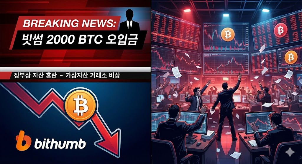 빗썸 2000 BTC 오입금 뉴스 속보와 비트코인 가격 급락으로 인한 가상자산 시장의 혼란을 긴급하게 알리는 이미지