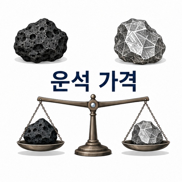 석질운석과 철운석, 저울을 이용해 운석의 종류와 무게에 따라 가격이 달라지는 개념을 소개하는 그림