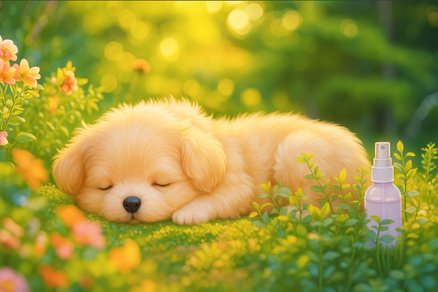 따스한 햇살이 비추는 라벤더 정원에 강아지가 편안한 자세로 엎드려 잠을자고 있는 모습 옆에는 천연허브 스프레이병이 놓여져 있다.